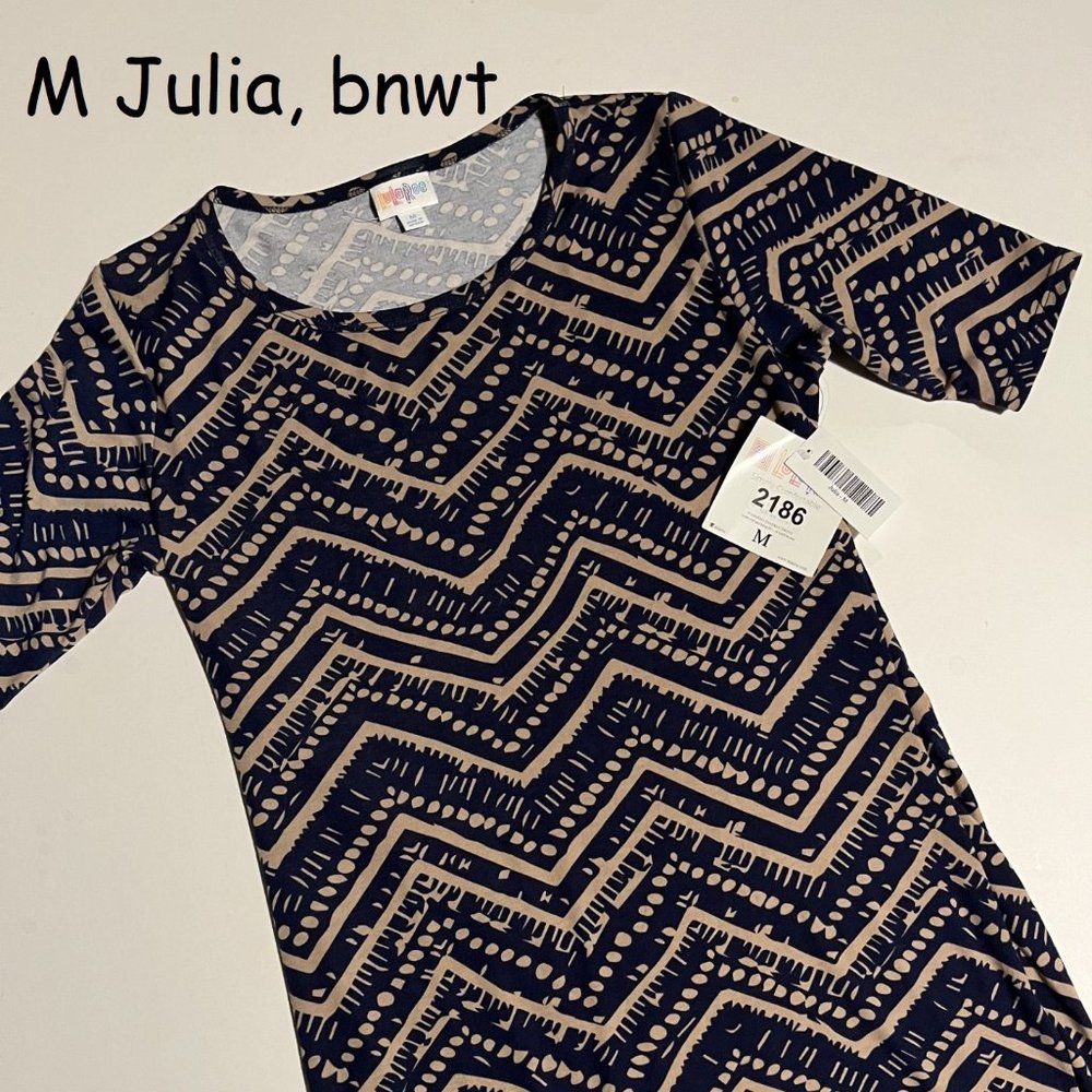 Medium Lularoe Julia sheath dress, navy and tan tribal zigzags and dots